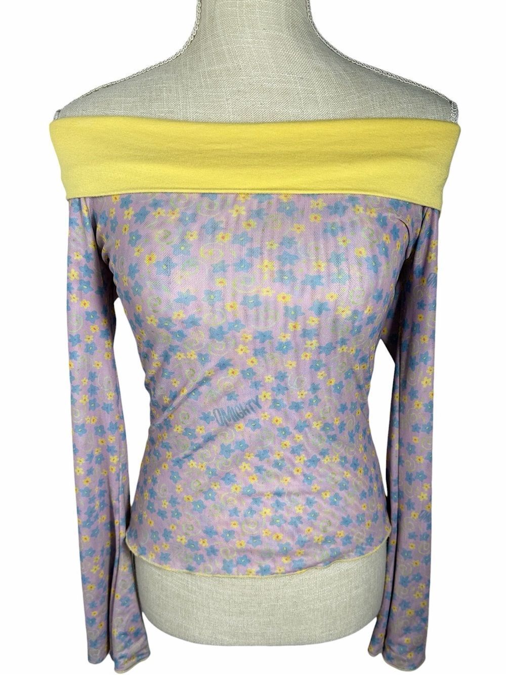 Omighty Yellow & Purple Floral Retro Groovy Mesh Long Sleeve Top